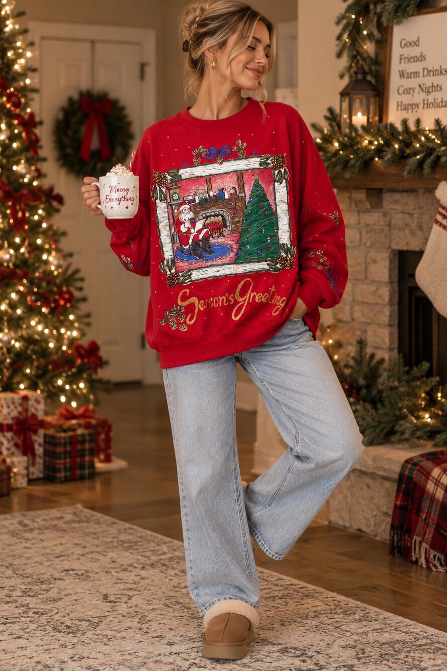 Vintage 80s 90s Holiday Time Christmas Sweatshirt Medium Santa Tree Made USA